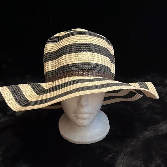 Striped Black and Tan Wide Brim Hat - Picture 1 of 7